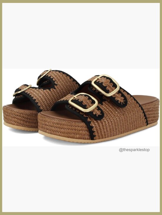 Shoes - Raffia Platform Slide Sandals with Adjustable Double Buckle Woven Espadrille